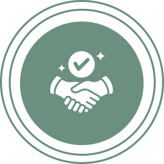 Two hands shaking with a checkmark above symbolizing agreement or trust.