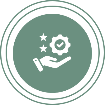 Hand holding a gear with a checkmark and stars, symbolizing quality.