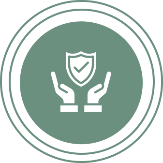 Icon of hands holding a shield with a check mark symbolizing protection and security.